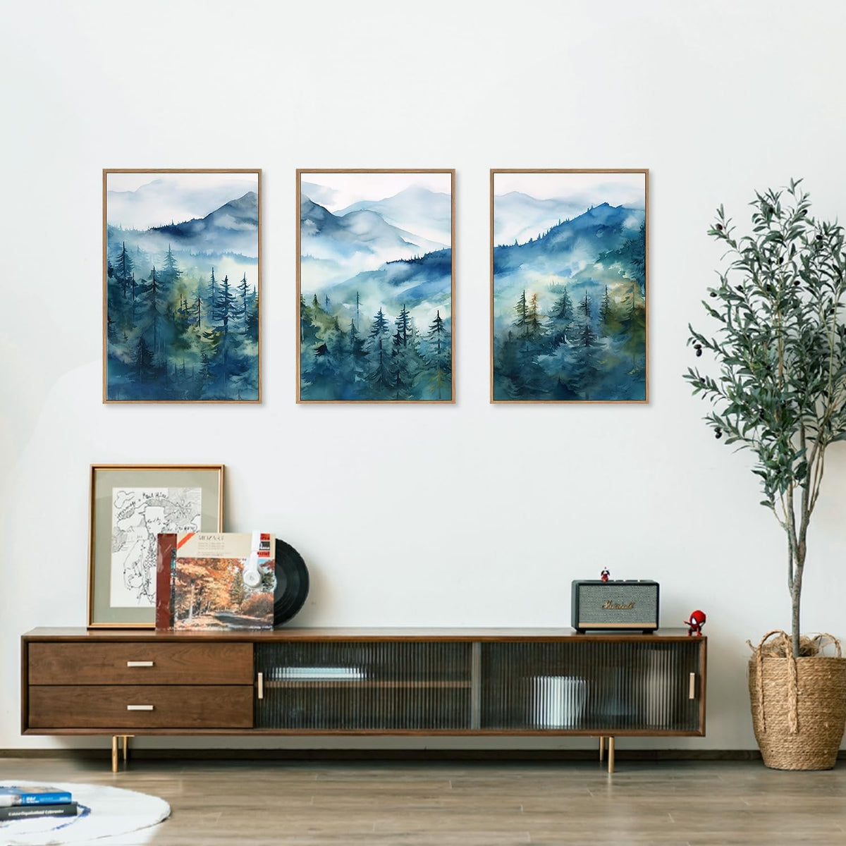 Celestdeco Blue Ridge Mountains Forest Framed Canvas Wall Art Set, Natural Landscape Wall Decor