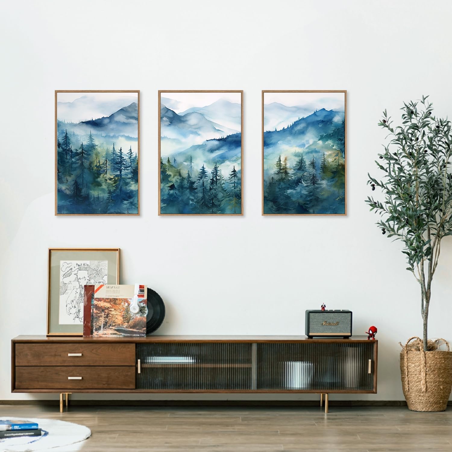 Celestdeco Blue Ridge Mountains Forest Framed Canvas Wall Art Set, Natural Landscape Wall Decor