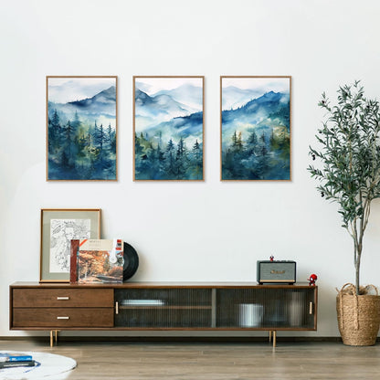 Celestdeco Blue Ridge Mountains Forest Framed Canvas Wall Art Set, Natural Landscape Wall Decor