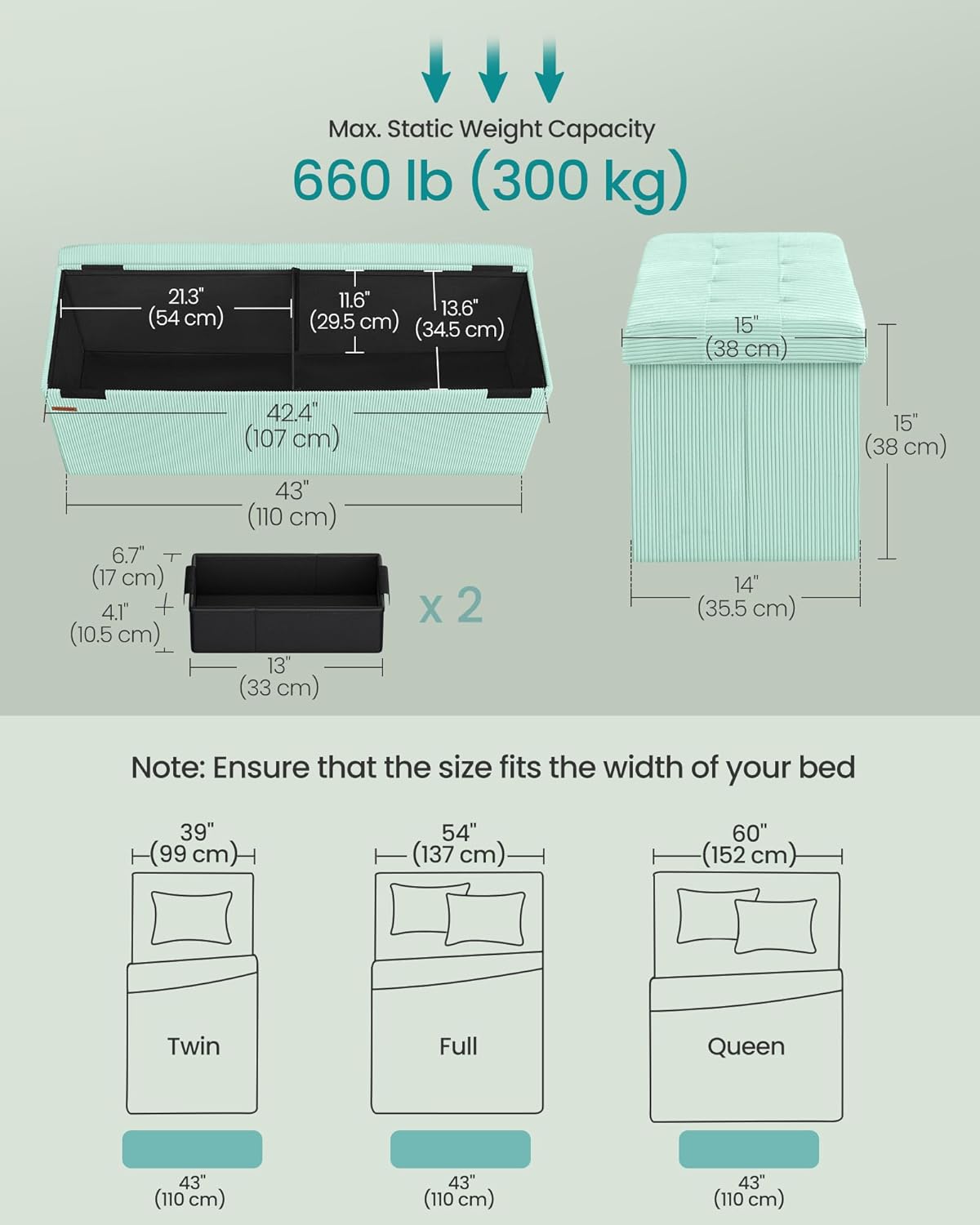 SONGMICS MAZIE Collection - Storage Ottoman Bench, Foldable Foot Rest, 15 x 43 x 15 Inches, End of