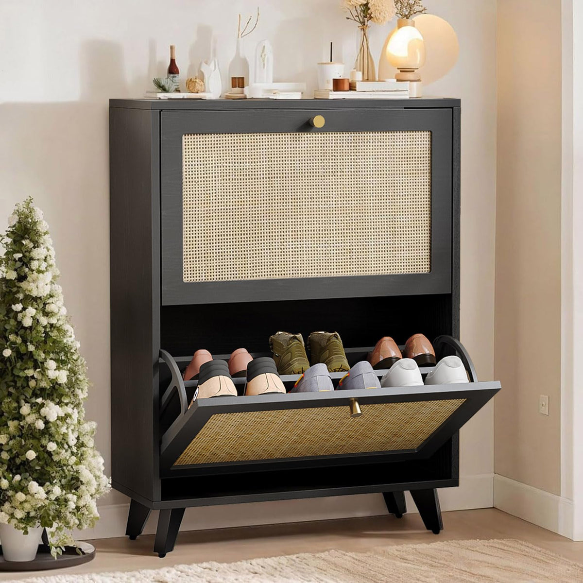 Angel Sar Rattan Shoe Cabinet for Entryway, Slim Shoe Storage Cabinet