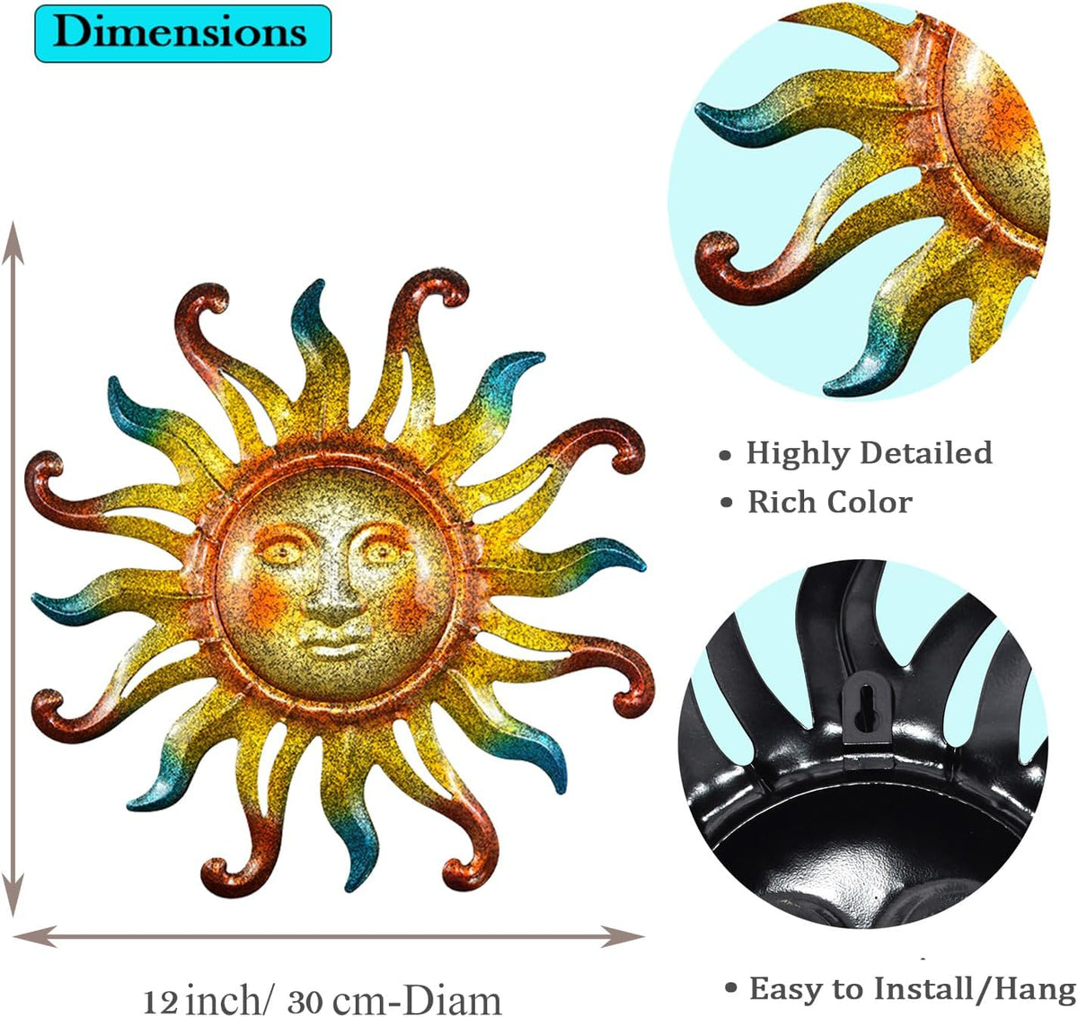 MACLARONX Metal Sun Wall Decor, Sun Face for Outdoor Garden Fence Yard Art Porch Door Patio Living