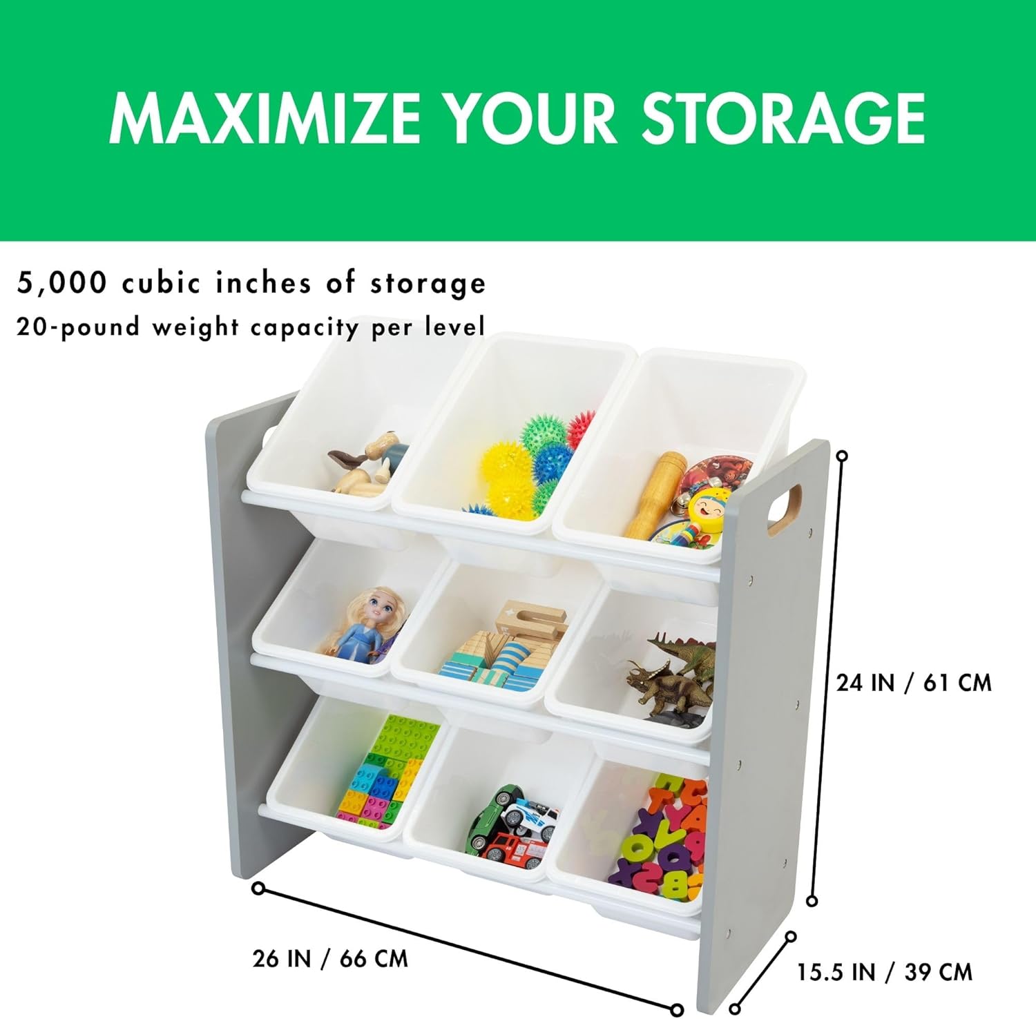 Humble Crew 9-Bin Toy Organizer – Inspire Grey with White Plastic Bins, 3-Tier Storage Solution for