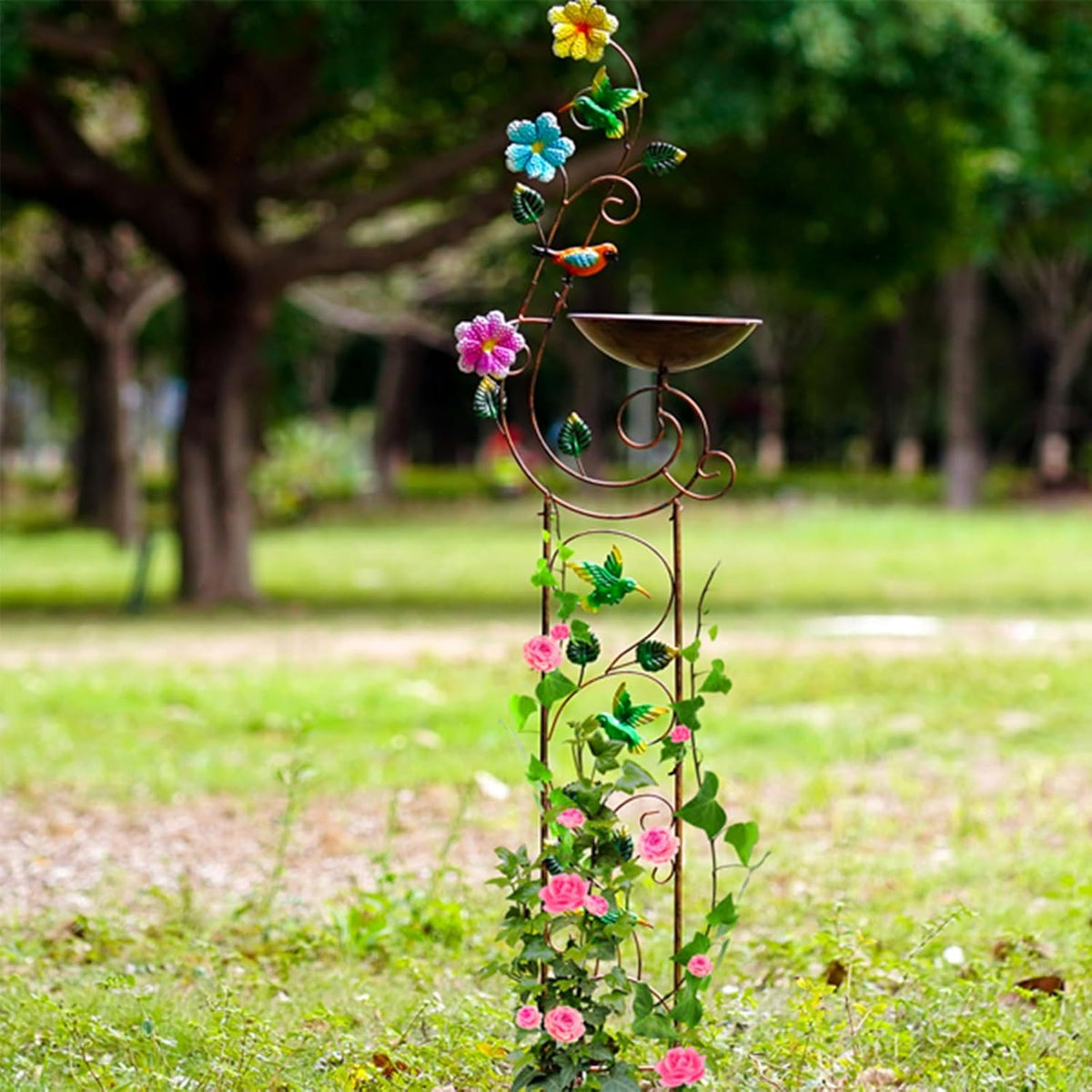 57" Height Metal Bird Bath with Trellis for Outdoor, Vintage Decorative Bird Baths, Small Garden