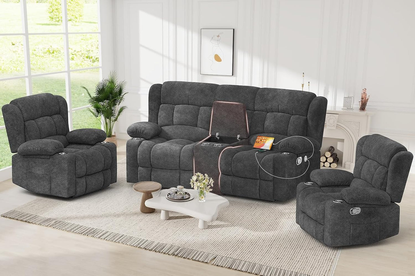 Recliner Sofa Set with 2+1+1 Pieces, Fabric Manual Pull Tab Reclining Loveseat with Storage