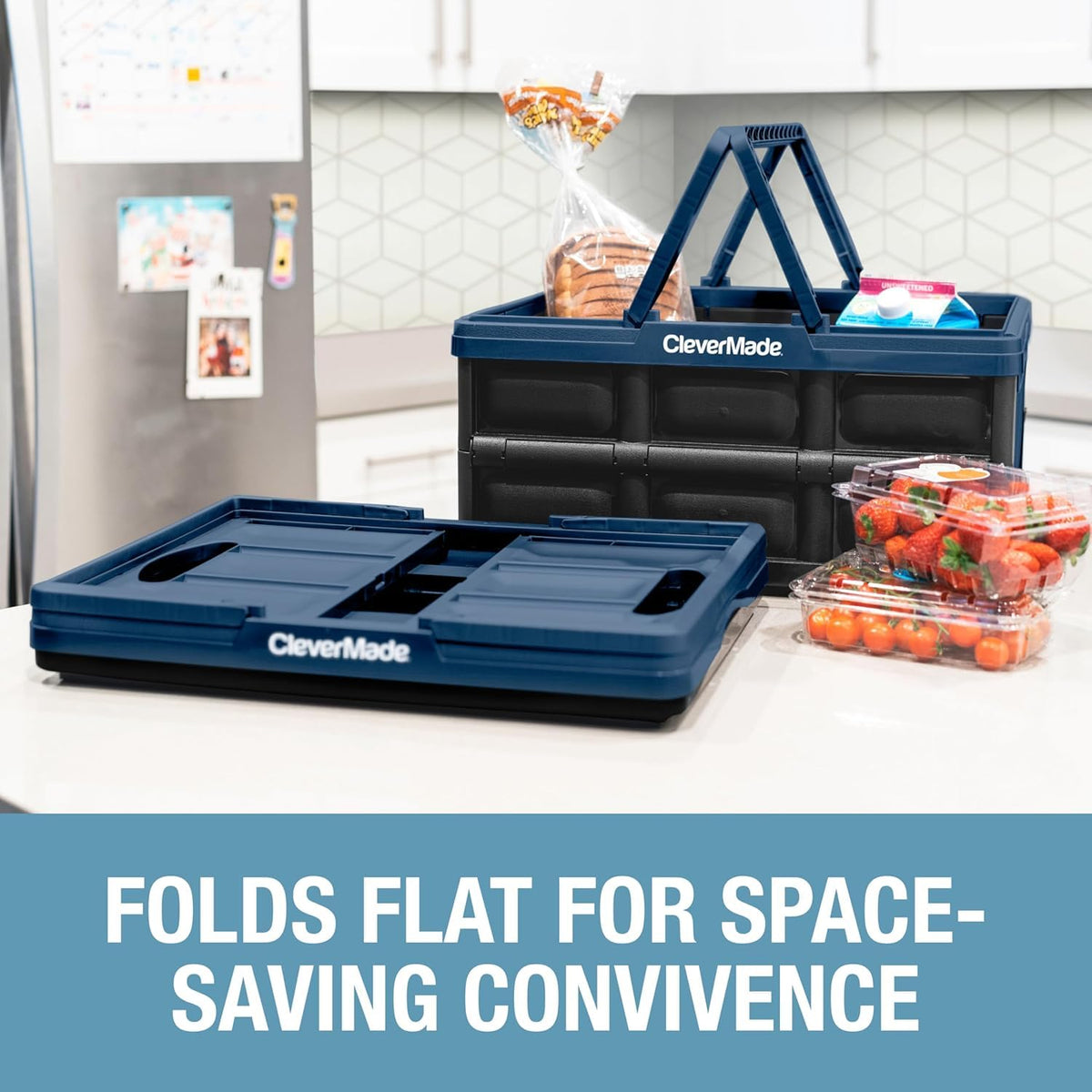 CleverMade Collapsible Shopping Basket, 32L Storage Crate, 1 Pack, Ocean