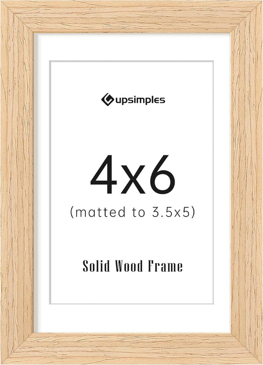 upsimples 4x6 Picture Frame, Natural Solid Wooden Picture Frames, Display 3.5x5 with Mat or 4 x 6