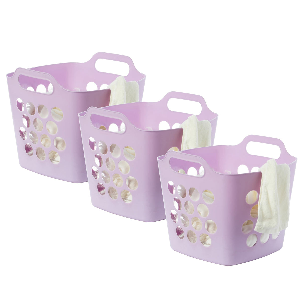 Flexible Plastic Carry Laundry Basket Holder Square Storage Hamper with Side Handles, Purple Set of