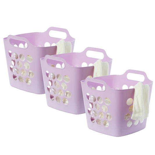 Flexible Plastic Carry Laundry Basket Holder Square Storage Hamper with Side Handles, Purple Set of