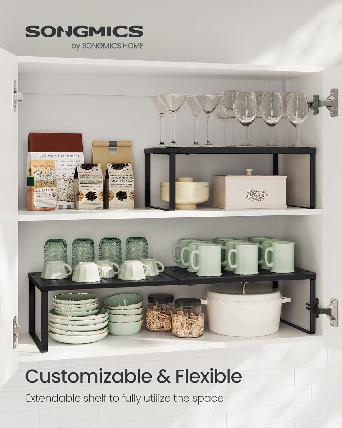 SONGMICS Spice Rack, Expandable Kitchen Countertop Shelf, Small Cupboard Organizer, Metal