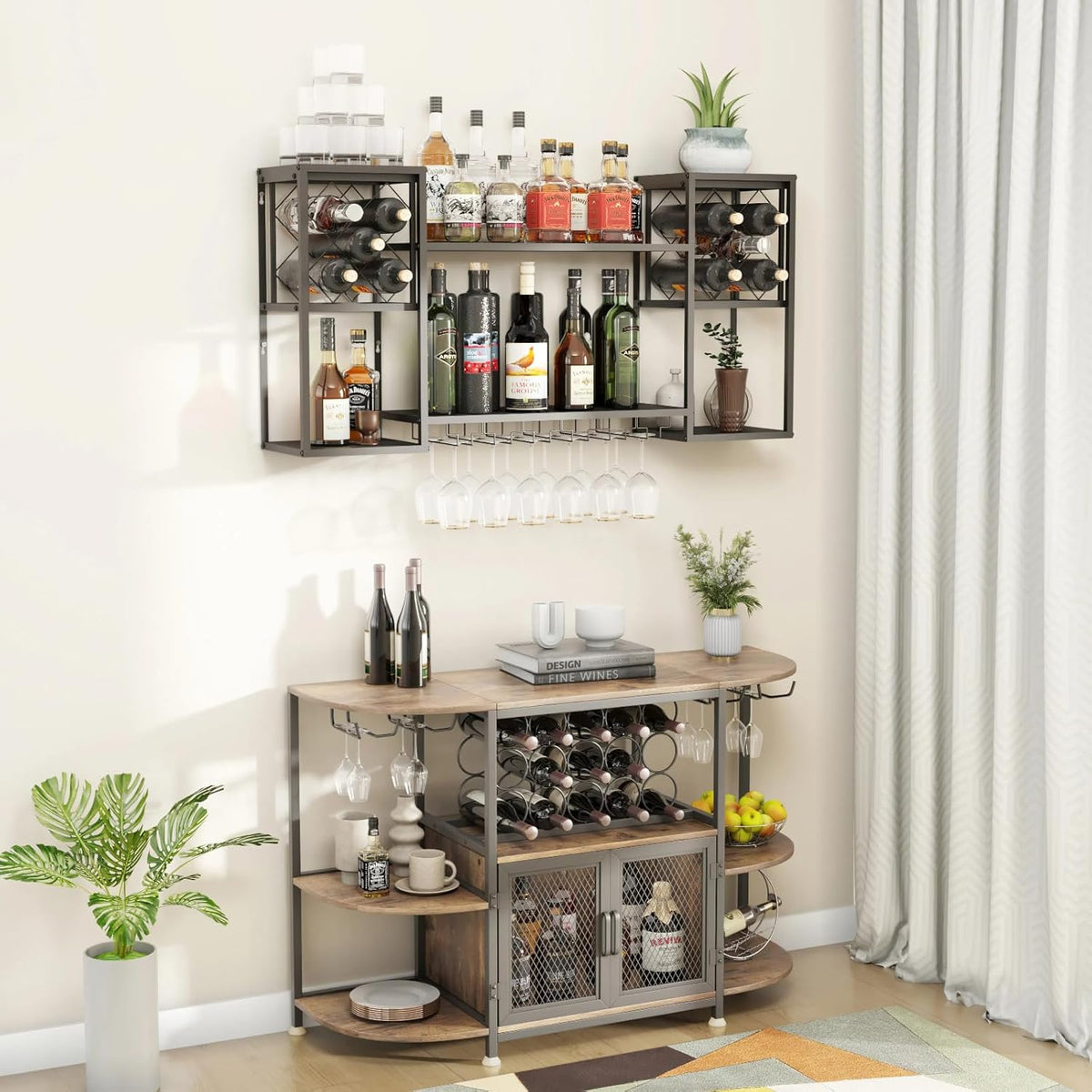 Wall Mounted Wine Rack with Glass Holder,Metal Floating Bar Liquor Shelves 2 Tier,Wine Glass Rack
