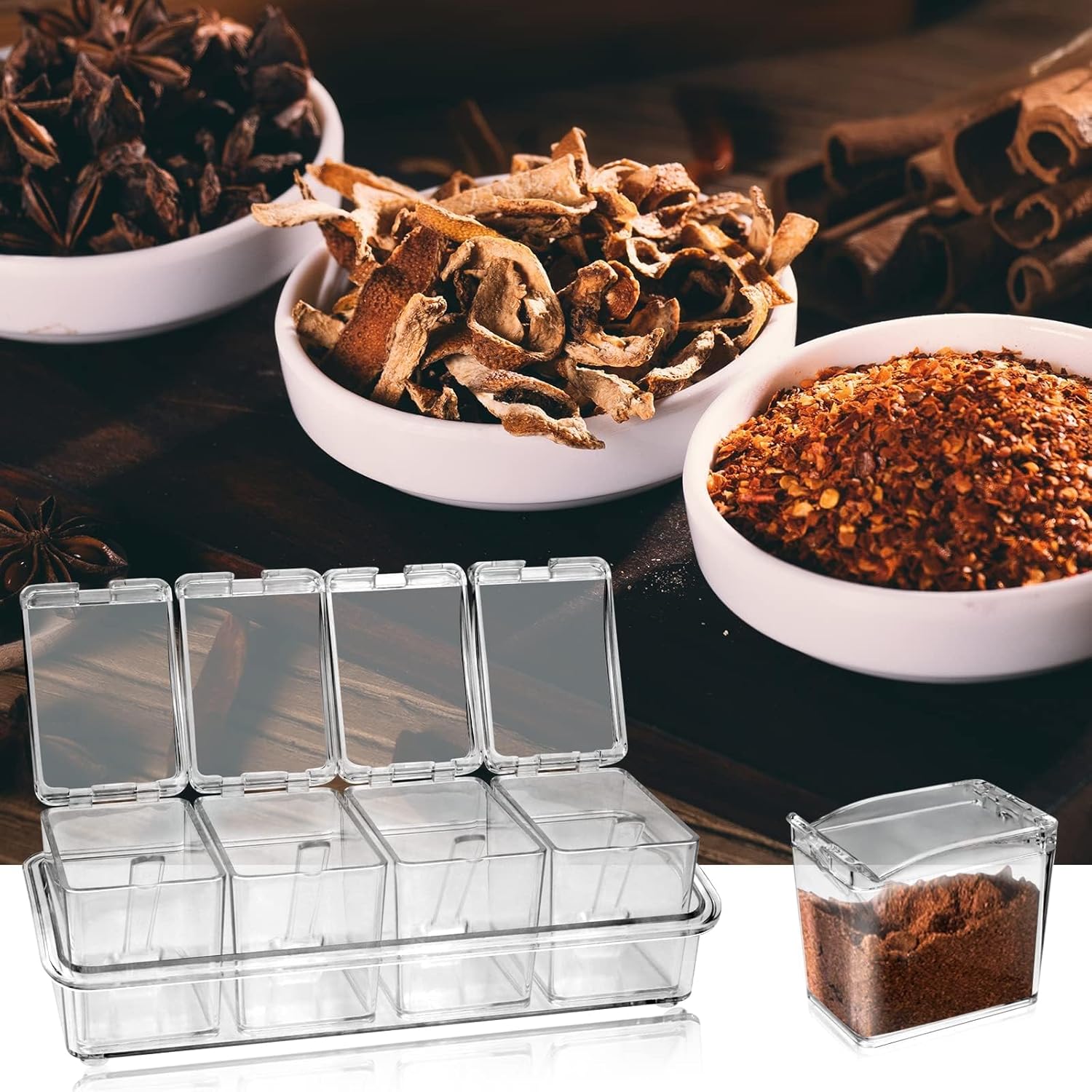 4-Cell Clear Seasoning Rack Spice Box, Storage Container Condiment Jars Acrylic Seasoning Box with