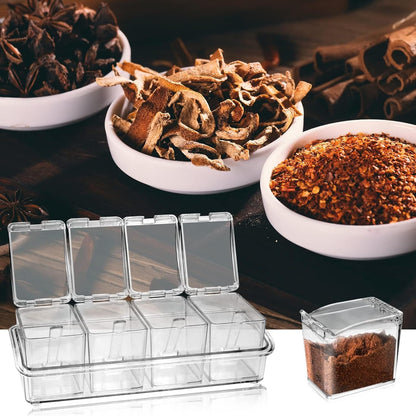 4-Cell Clear Seasoning Rack Spice Box, Storage Container Condiment Jars Acrylic Seasoning Box with