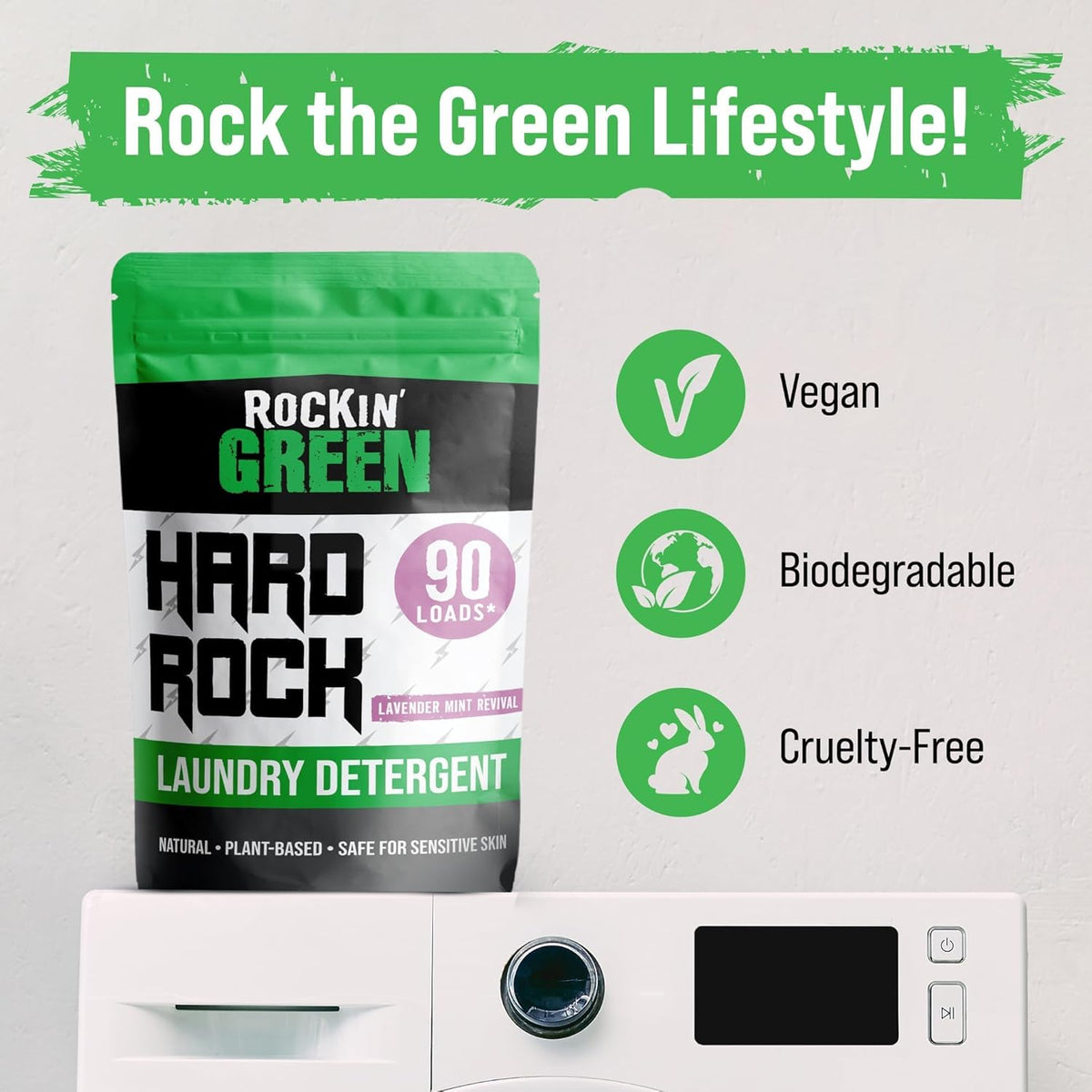 Rockin' Green Hard Rock Laundry Detergent for Hard Water (90 Loads), Plant based, Natural Laundry