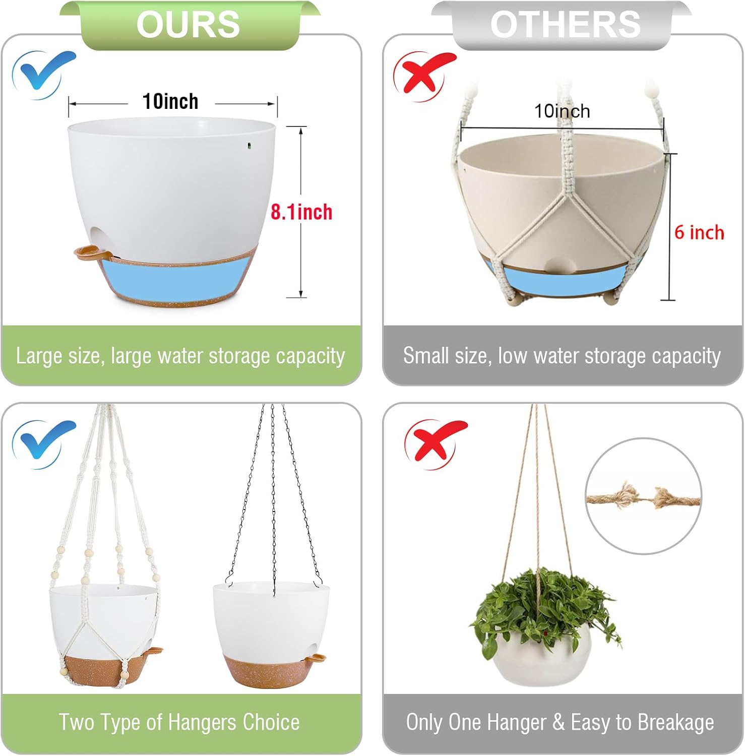 10 inch Self Watering Hanging Planters, 2 Pack Hanging Baskets for Indoor Outdoor Plants, Hanging
