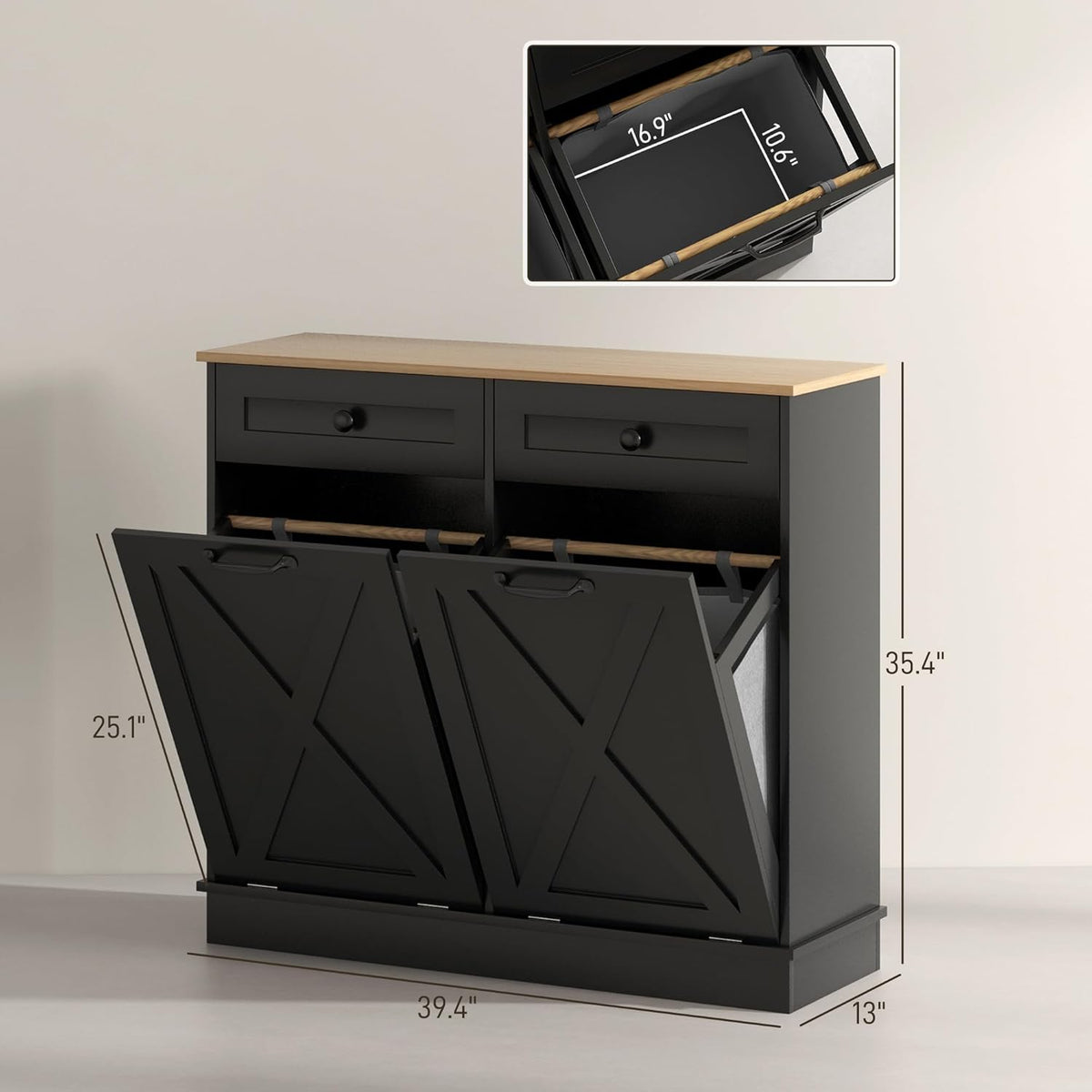 HOMCOM Tilt Out Laundry Hamper Cabinet with 2 Removable Baskets, Freestanding Bathroom Storage