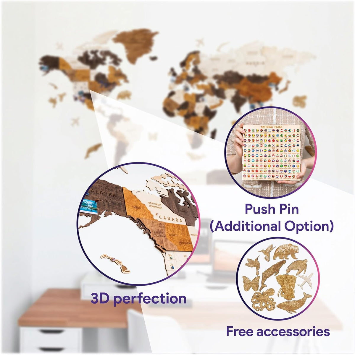 HYPERI Multilayered 3D Wooden World Map Wall Decor, Wood Art Wall Decor, Mapa Mundi Para Pared