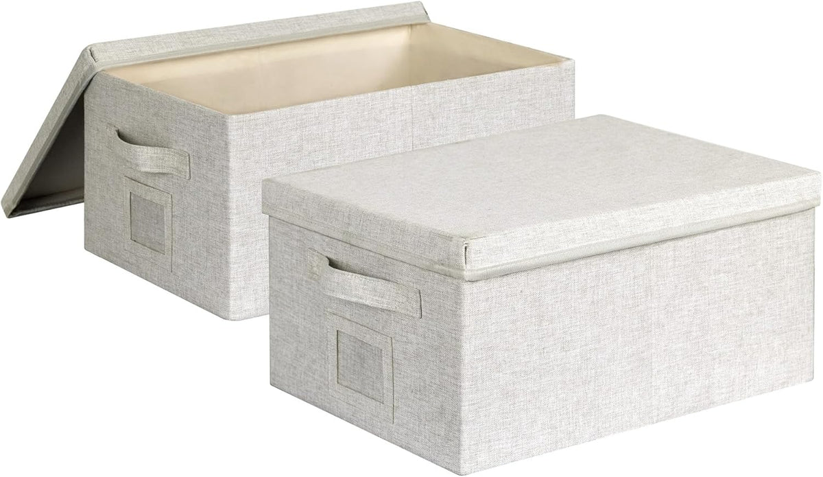 Large 17''x12'' Quart Collapsible Stackable Storage Bins with Lids, 2 Packs Off White Fabric Closet