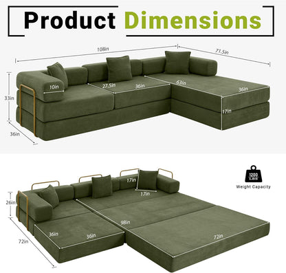 108" Oversized Convertible Sleeper Sofa Bed, Corduroy L Shape Sectional Couch, Folding Sofa Bed