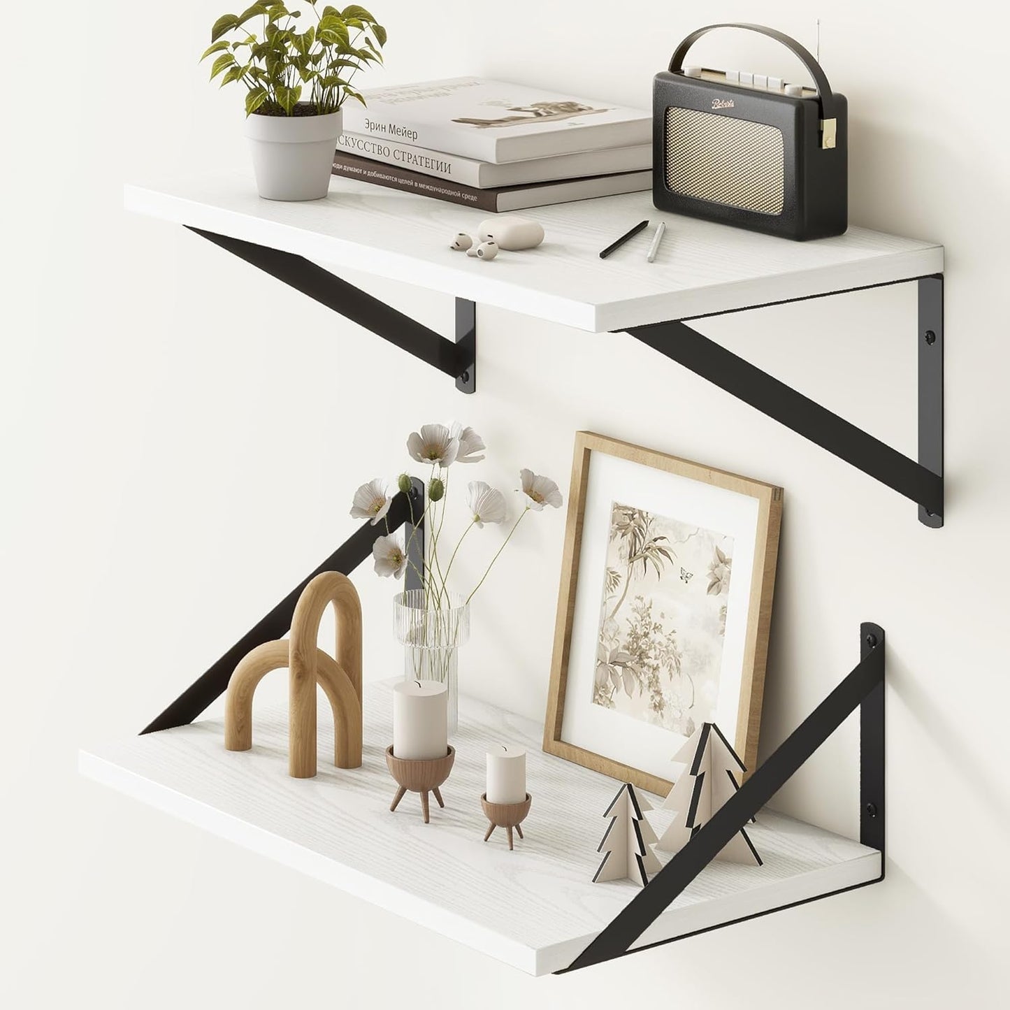 Fun Memories White Floating Shelves 18 Inch Long, Rustic Floating Shelf with Brackets, 10 Inch Deep