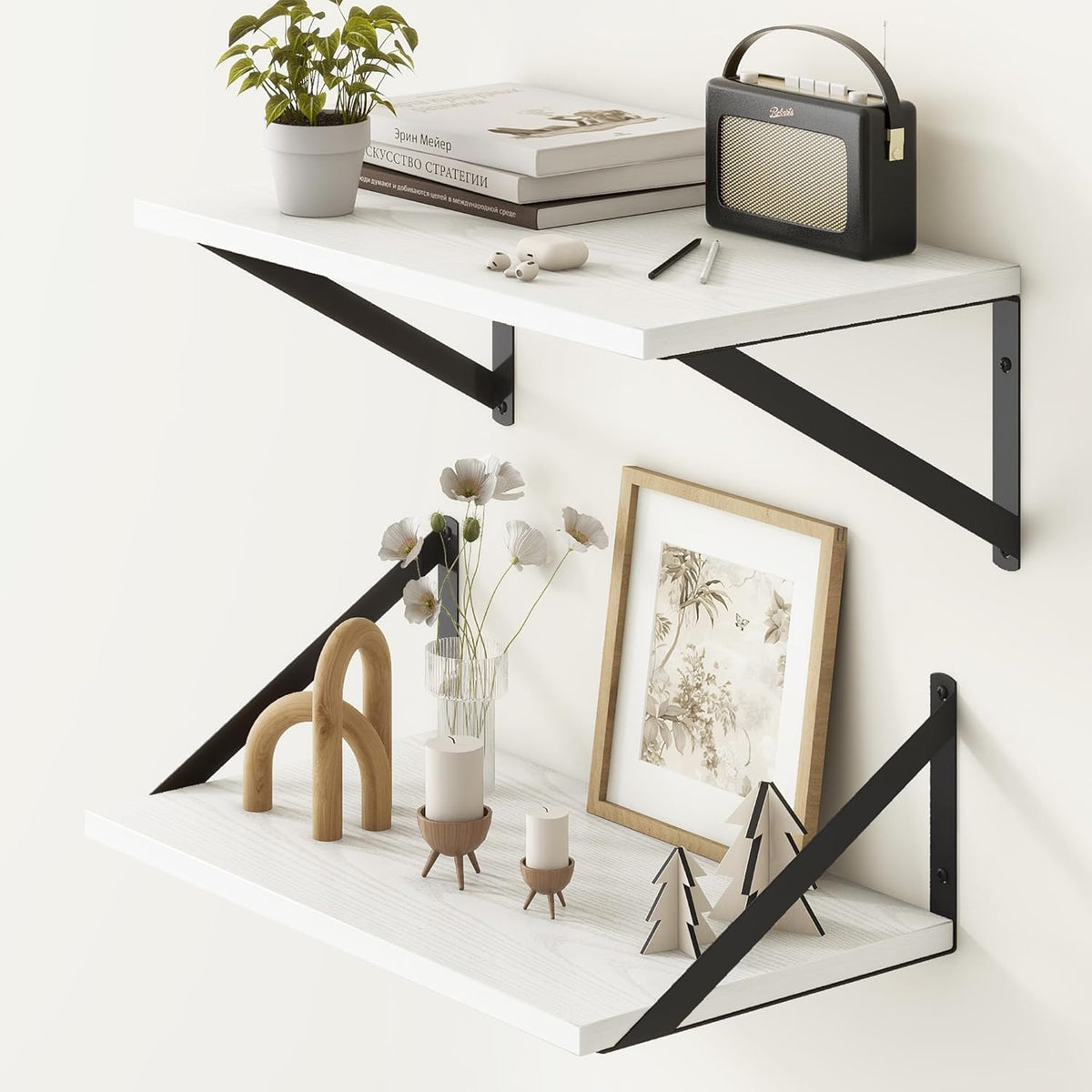 Fun Memories White Floating Shelves 18 Inch Long, Rustic Floating Shelf with Brackets, 10 Inch Deep