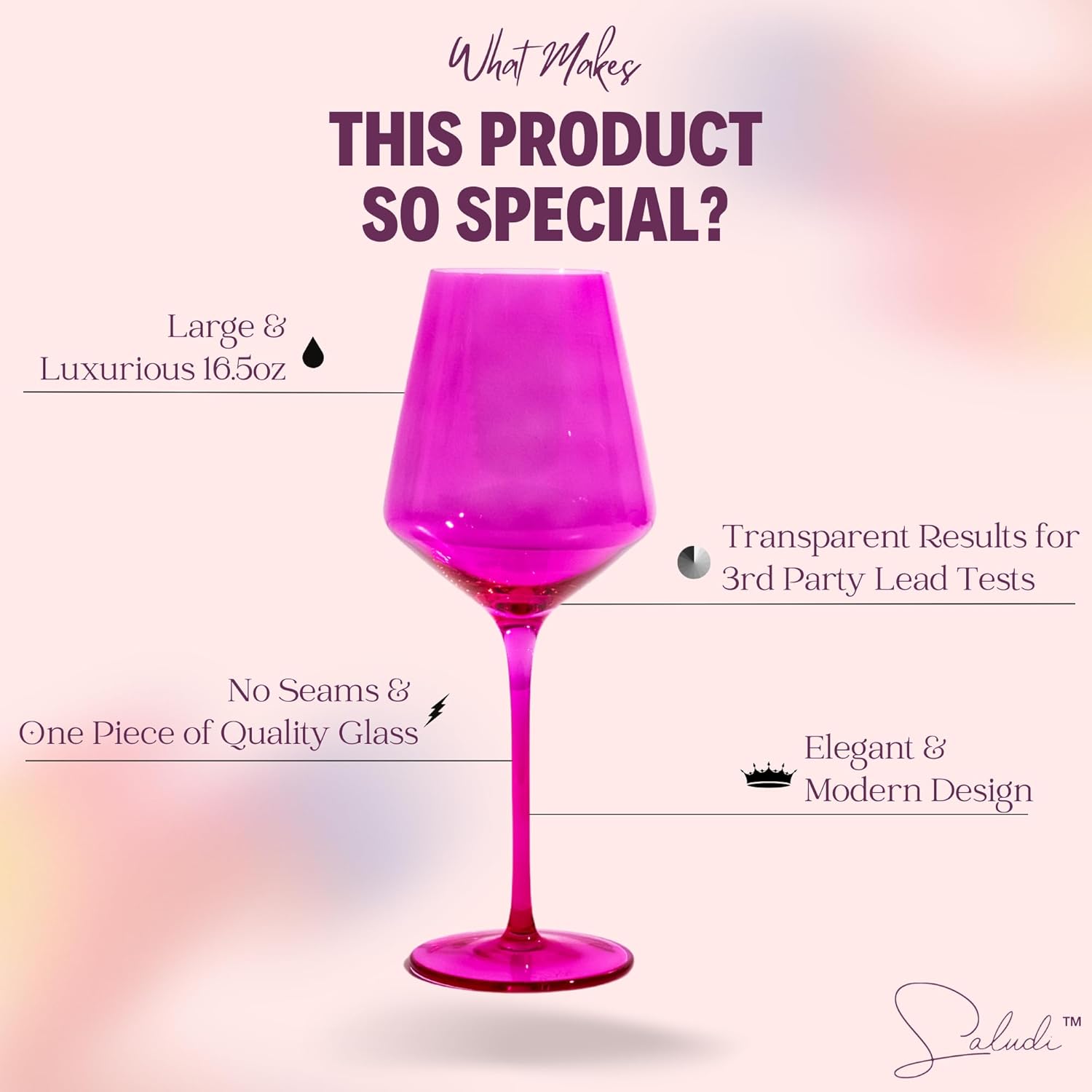 Saludi Colored Wine Glasses, 16.5oz (Set of 6) Stemmed Frida-Color Glass - Great for all Wine Types