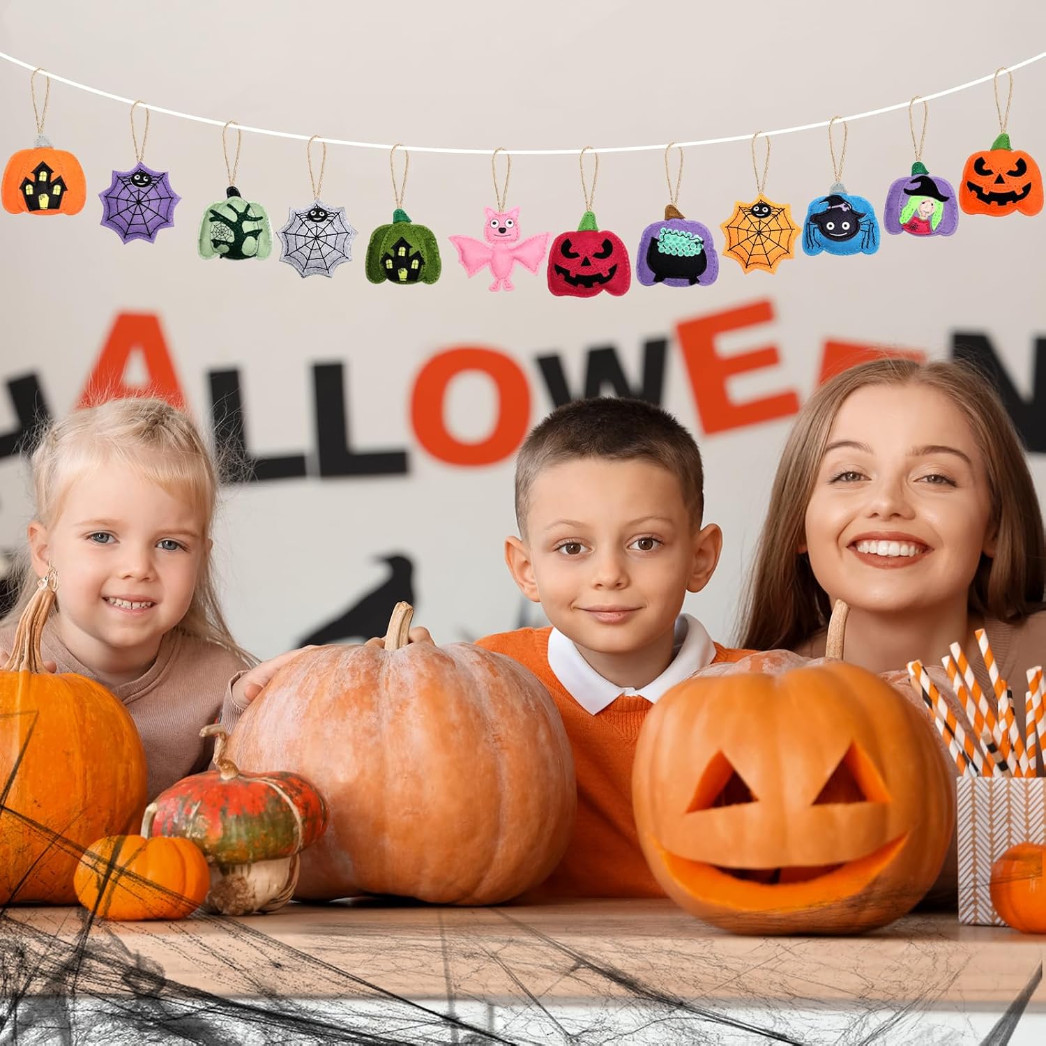 12 Pcs Halloween Felt Ornaments Spooky Pumpkin 3D Hanging Ornaments 3.15 Inch Spider Web Bat Tree