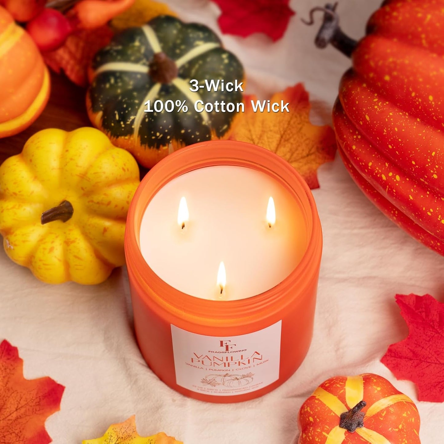 Large Fall Candle Vanilla Pumpkin Scented, 3-Wick 22oz Long Lasting Scented Candle, Natural Soy Wax