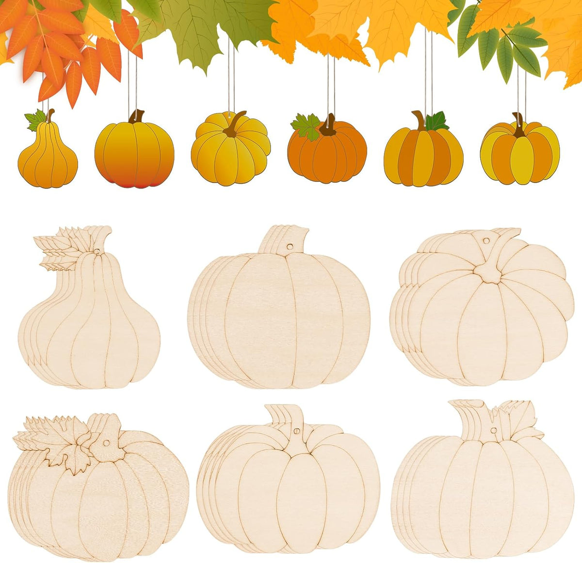 24 PCS Unfinished Wooden Fall Crafts, Pumpkin Shaped Hanging Ornaments DIY Wood Craft Cutouts for
