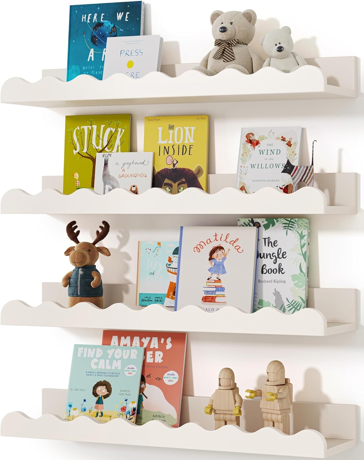 Kids' Bookshelf Set of 4 - White Floating Nursery Book Shelves, Picture Ledge Shelf for Wall Decor