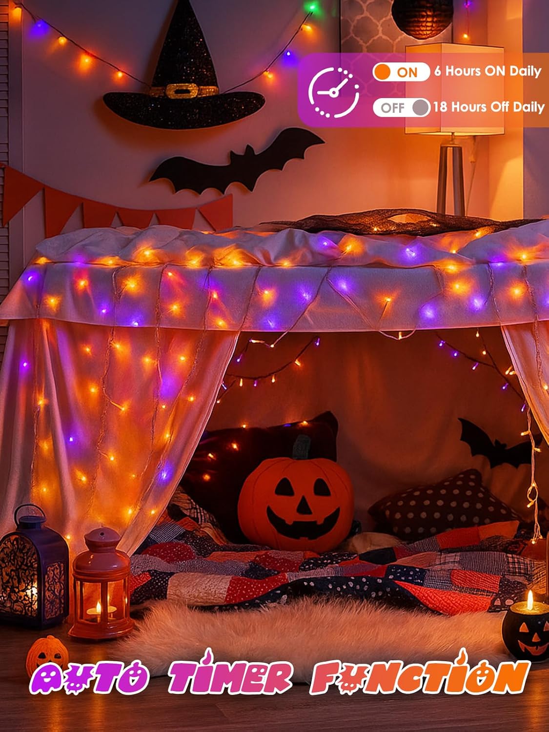 2 Pack Halloween String Lights Battery Operated with Timer, 66FT 200 LED Waterproof Orange and