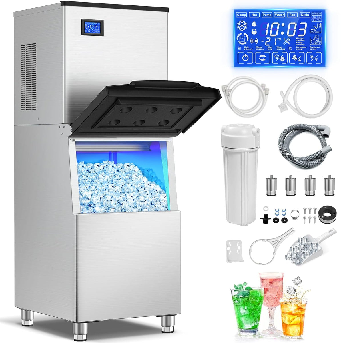 Ice Machine Commercial Ice Maker Machine, 400 Lbs/24H Industrial Ice Machine, 350 Lbs Storage