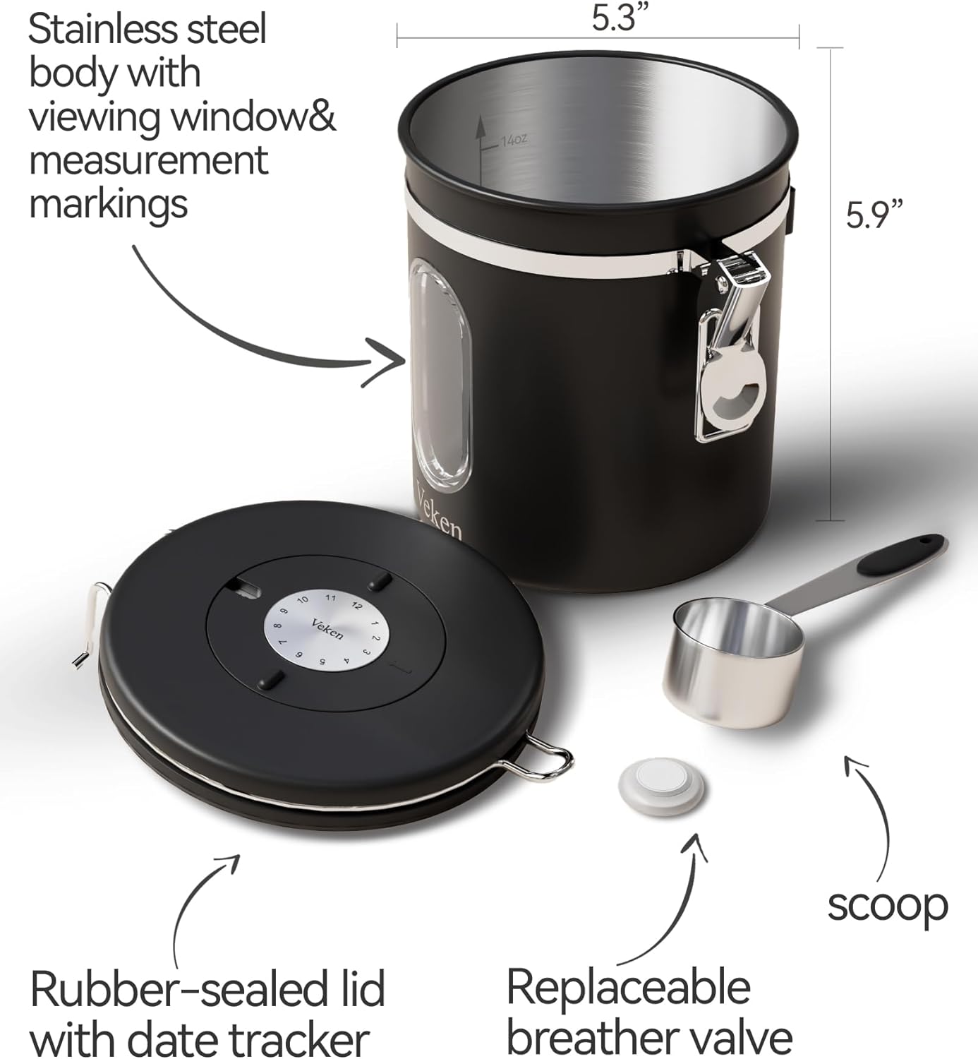 Veken Coffee Canister with Window, Airtight Stainless Steel Kitchen Food Storage Container with