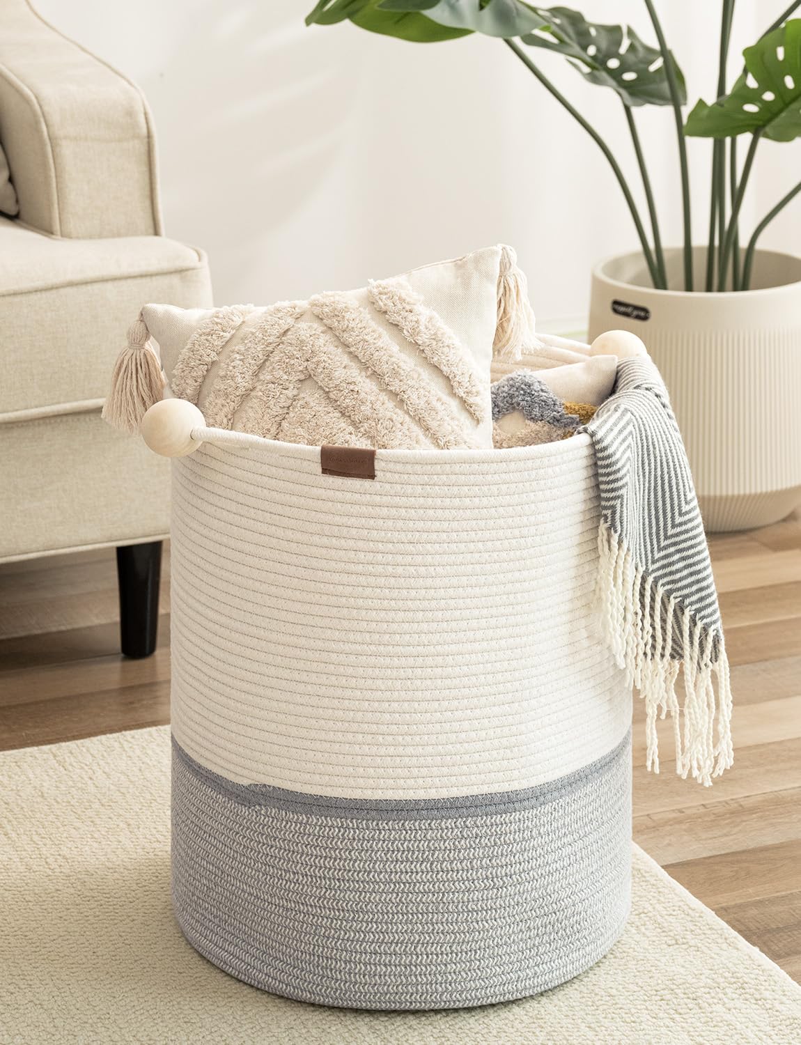 StorageWorks 58L Cotton Rope Laundry Basket with Wooden Beads Handles, Woven Basket for Storage