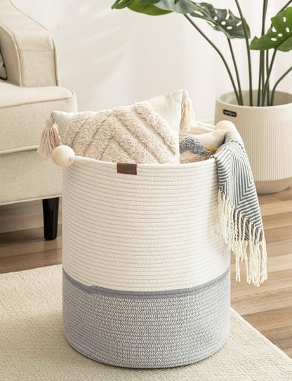 StorageWorks 58L Cotton Rope Laundry Basket with Wooden Beads Handles, Woven Basket for Storage