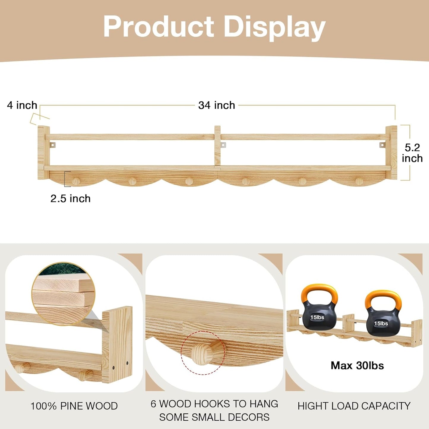 34Inch Nursery Bookshelves,Set of 4,Wall Floating Shelf Kids Coat Rack with 6Hooks,Hanging Book