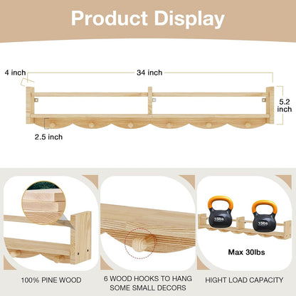 34Inch Nursery Bookshelves,Set of 4,Wall Floating Shelf Kids Coat Rack with 6Hooks,Hanging Book