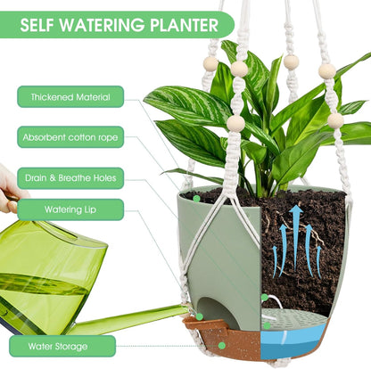 Hanging Planters for Indoor Outdoor Plants, 2 Pack Self Watering Hanging Pot with Drainage Holes