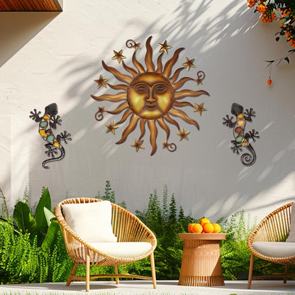LIFFY 24" Sun Metal Wall Art Outdoor Decor - 3D Sun Face Metal Wall Sculpture - Hanging Decoration