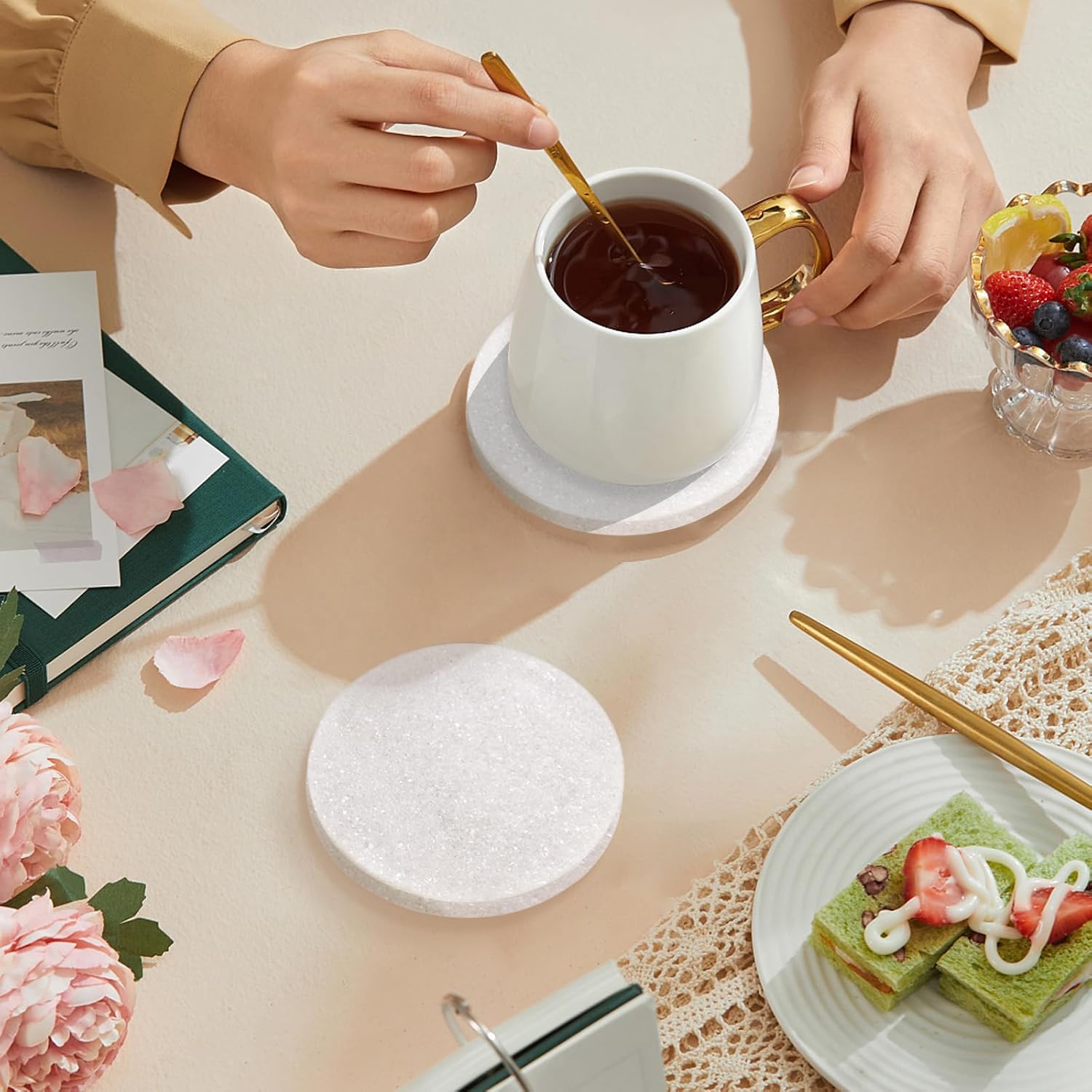 White Marble Coasters with Bling Particles, Set of 6 - Natural Marble Stone Drink Coaster with