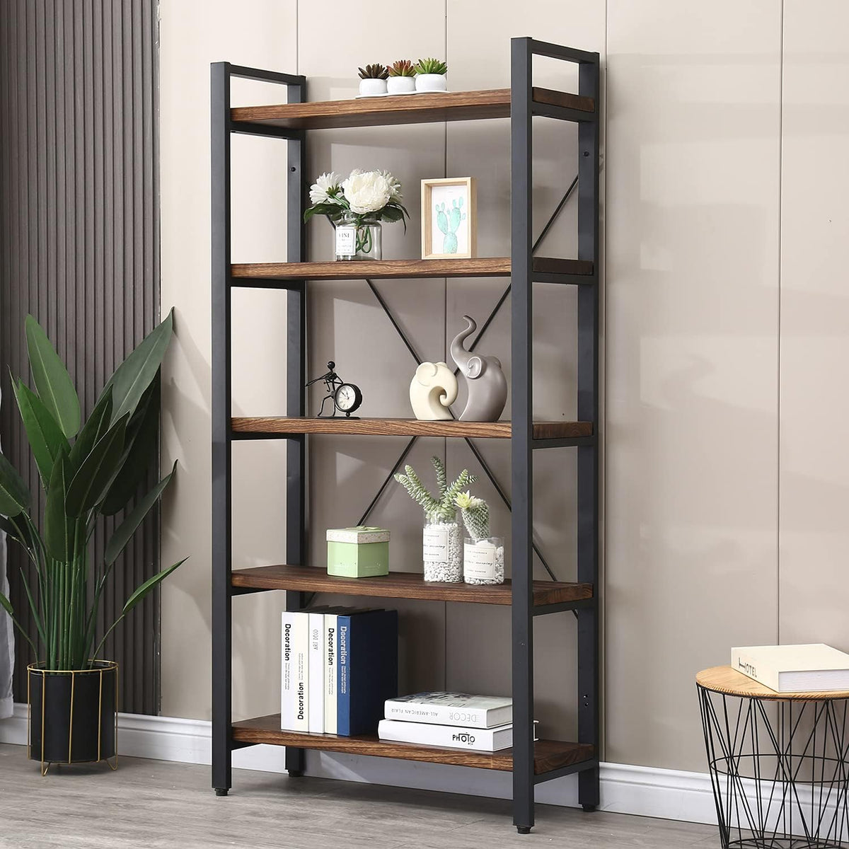5 Tier Bookcase, Solid Wood Bookshelf Rustic Vintage Industrial Etagere Bookcase, Metal and Wood