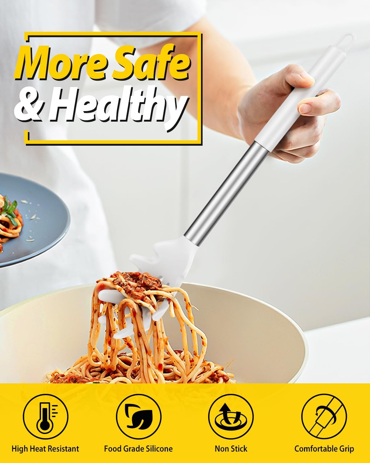 Silicone Pasta Fork and Ladle Spoon Set, Large Non Stick Kitchen Utensils for