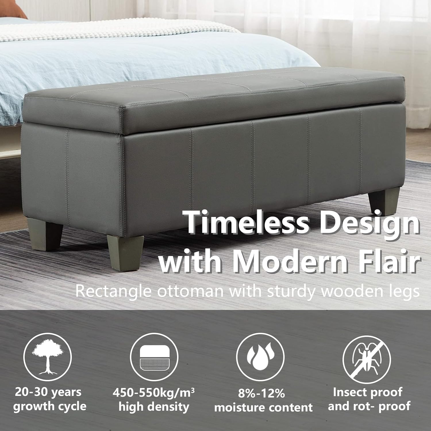 Grey Faux Leather Ottoman with Storage, Rectangular Extra Long Storage Bench for Bedroom and Living
