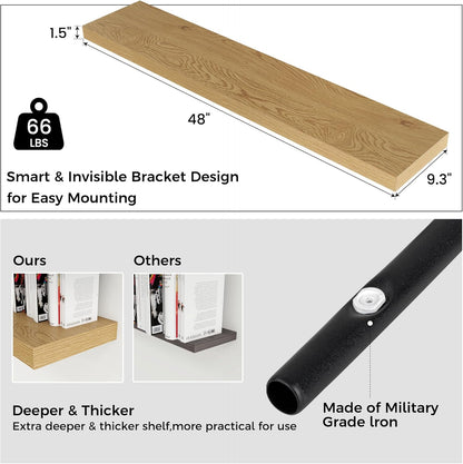 Floating Shelves - 2 Large Wall Mounted Shelves with Invisible Brackets, Long Wood Floating Wall