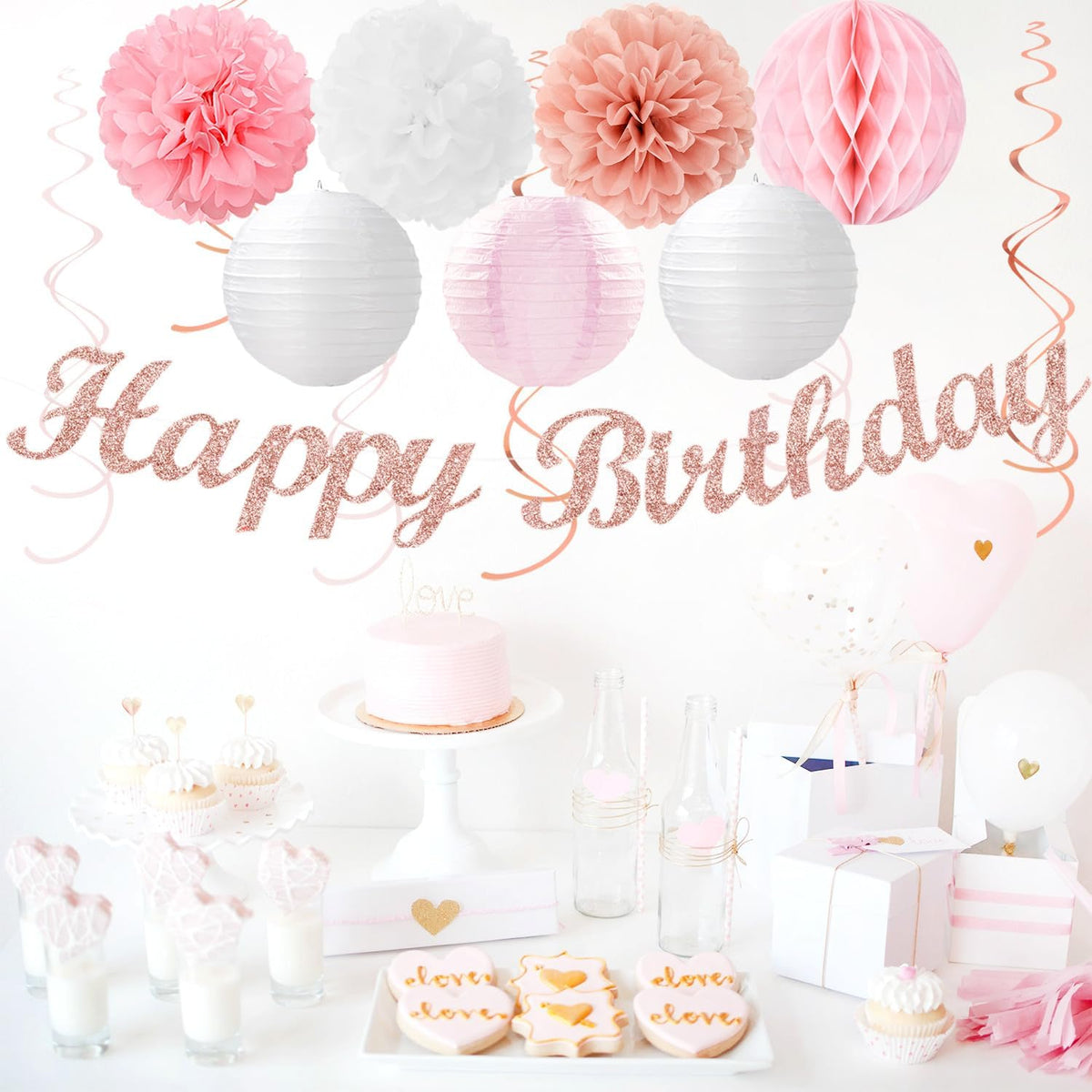 Pink White Rose-Gold Birthday Party-Decorations - 21pcs Happy Banner, Paper Lanterns,Tissue Pom