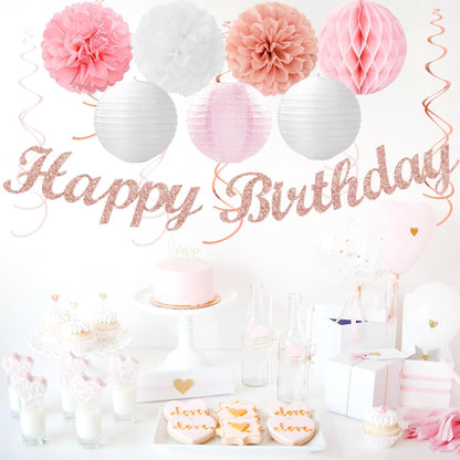 Pink White Rose-Gold Birthday Party-Decorations - 21pcs Happy Banner, Paper Lanterns,Tissue Pom