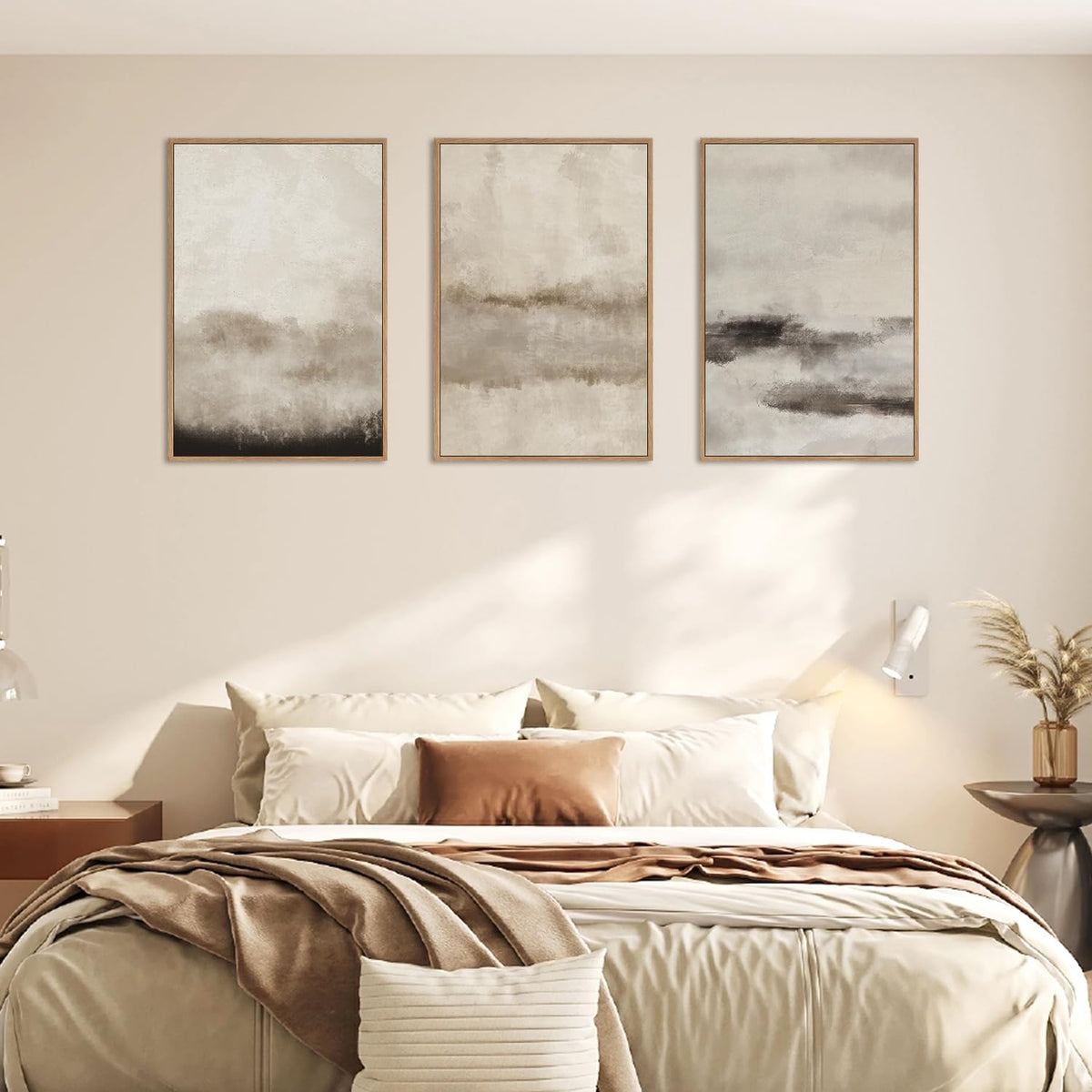 HPINUB Large Abstract Framed Canvas Wall Art Set,Minimalist Beige Gray Pastel Watercolor Wall