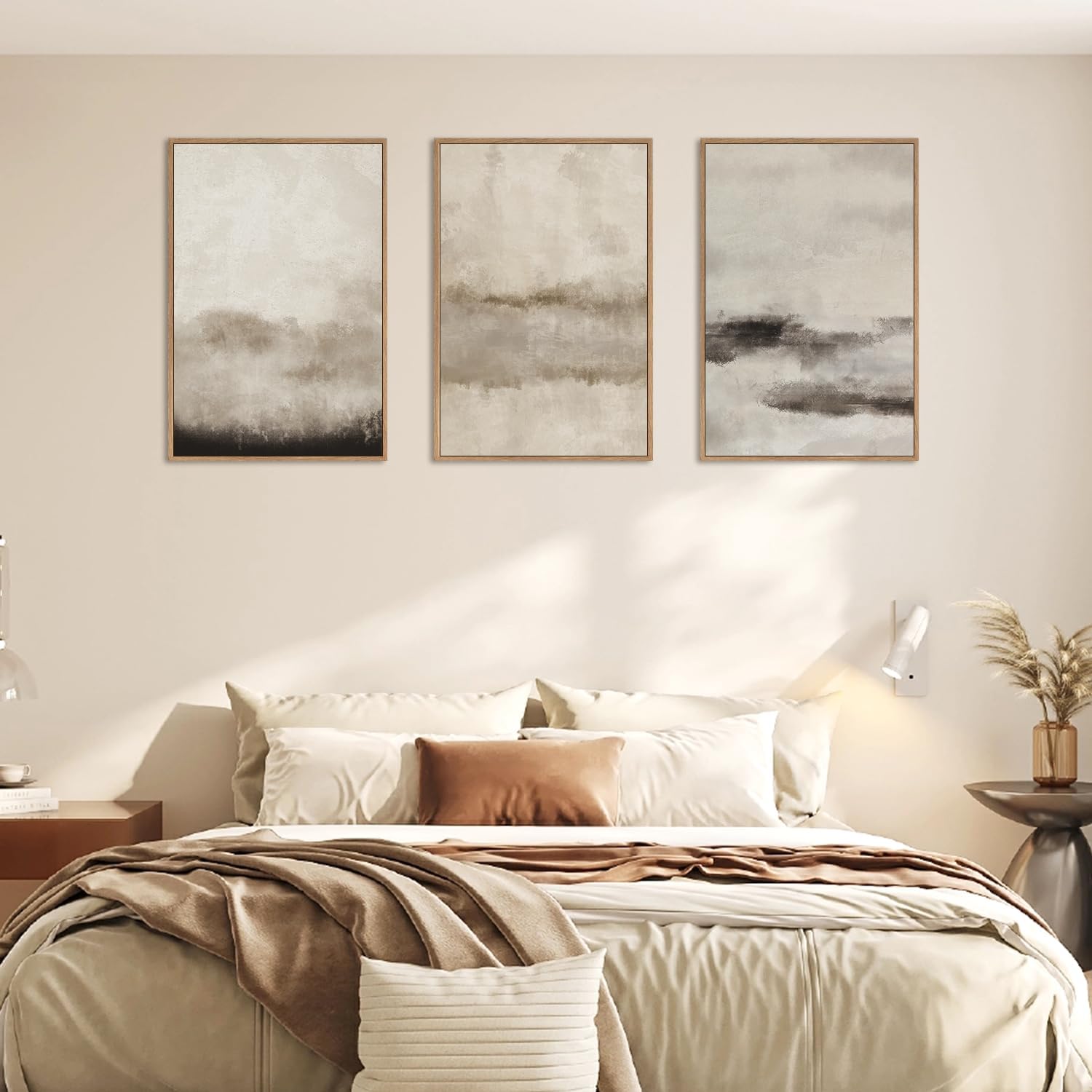 HPINUB Large Abstract Framed Canvas Wall Art Set,Minimalist Beige Gray Pastel Watercolor Wall