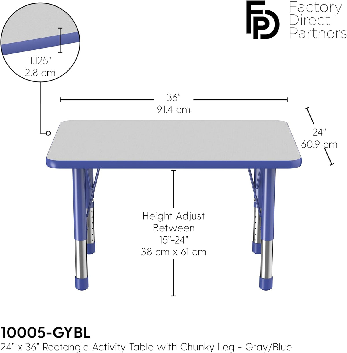 FDP Rectangle Activity School and Classroom Kids Table (24 x 36 inch), Chunky Toddler Leg