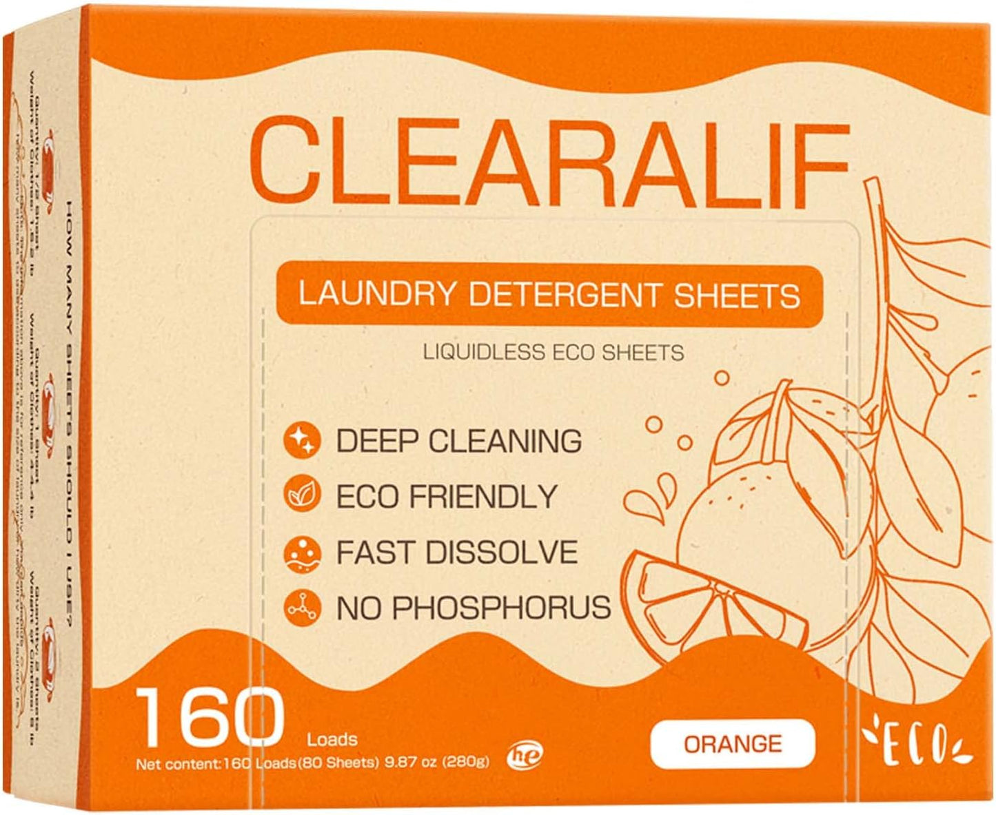 CLEARALIF Laundry Detergent Sheets Up to 160 Loads, Orange - Great For Travel, Apartments